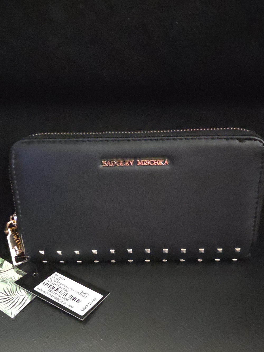 Badgley Mischka Black Zip Wallet with Gold Logo and Stud Accents